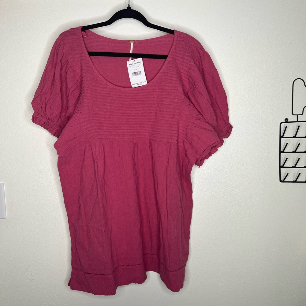 Free People Pink Linen/Cotton Puff Sleeves Mini Dress